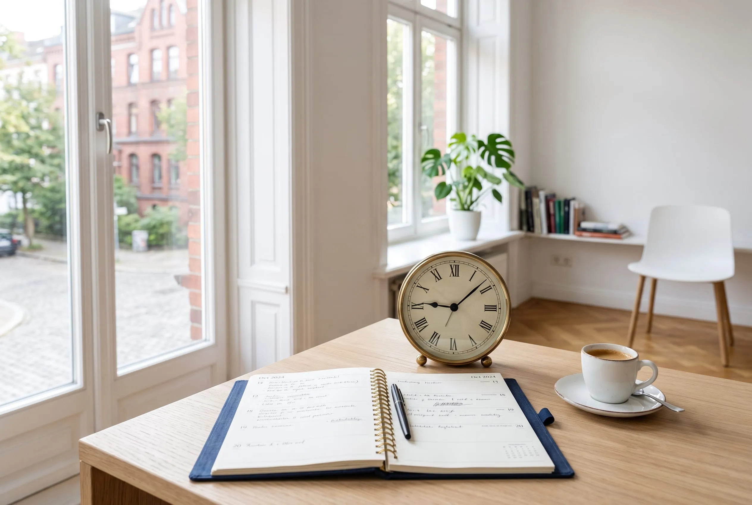 Uhr und Kalender auf hellem Schreibtisch im Morgenlicht — der richtige Zeitpunkt