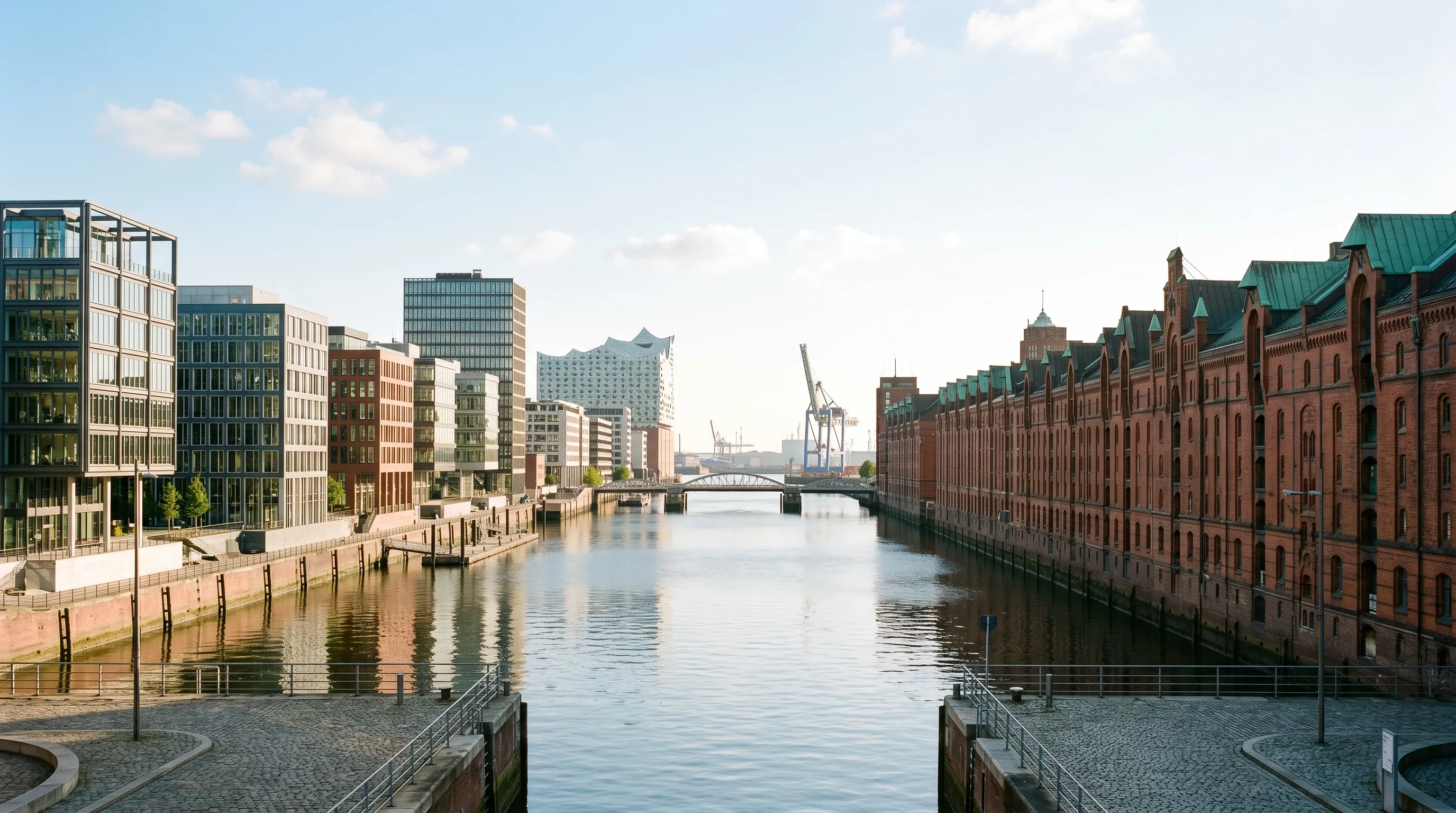 Hamburger HafenCity und Speicherstadt im hellen Tageslicht — Symbol für die Breite des DACH-Mittelstands