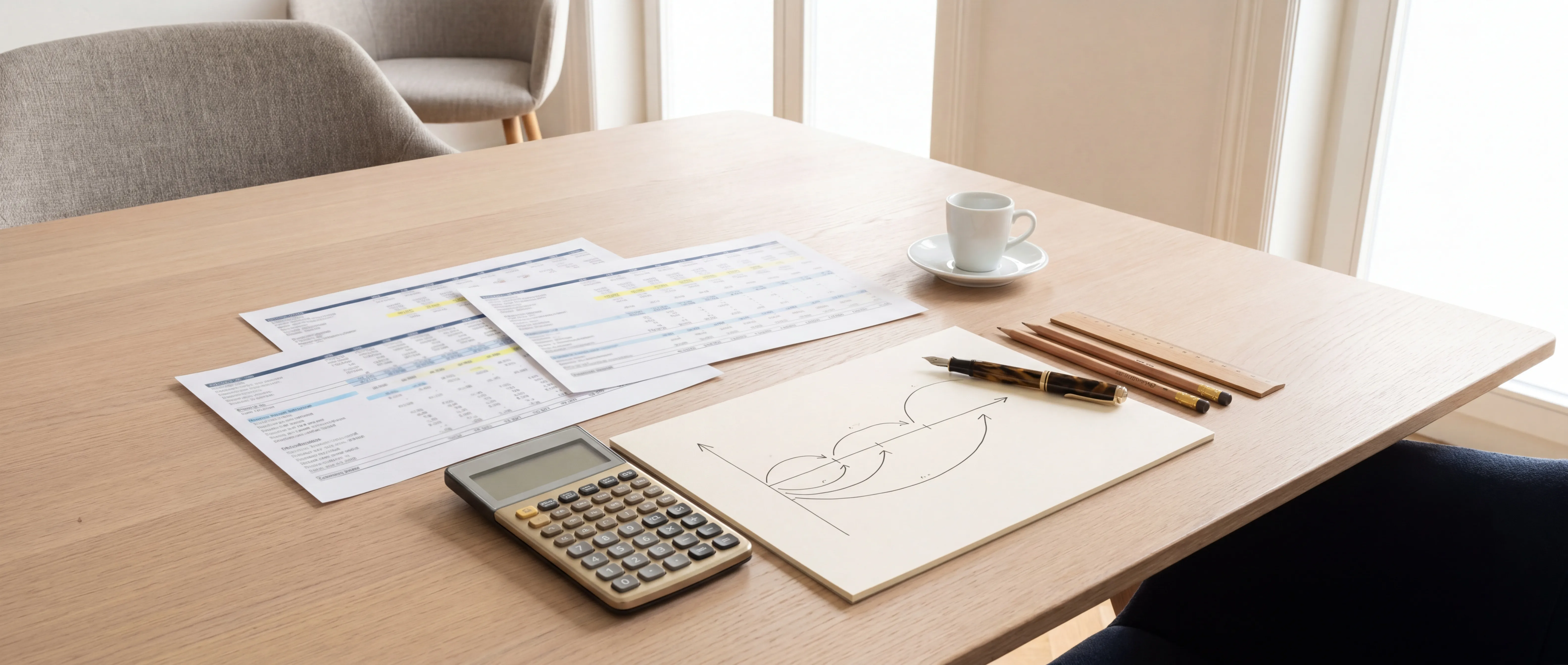 Strukturierter Planungs-Arbeitsplatz mit Budget- und Forecast-Modellen im hellen Tageslicht