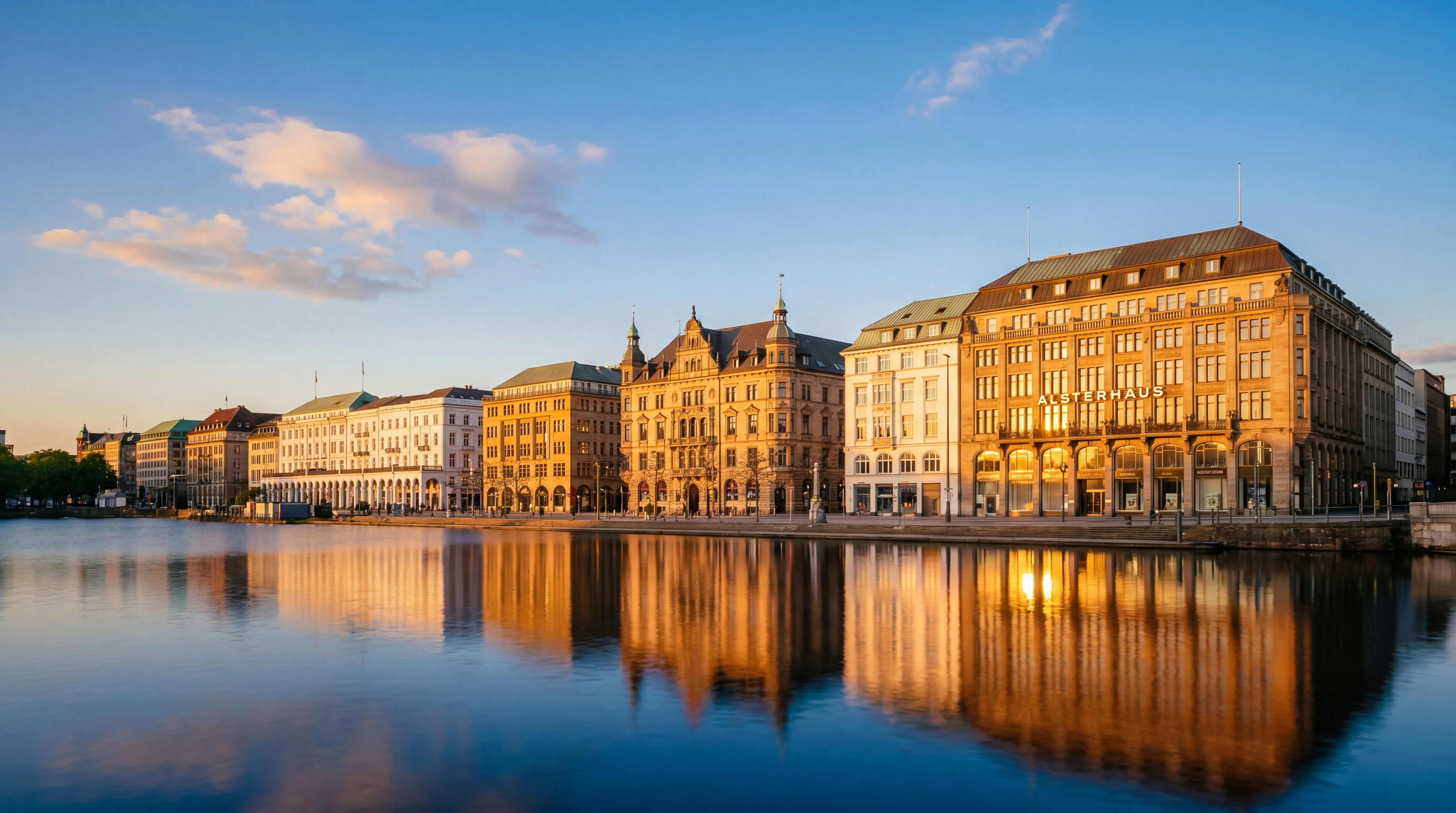 Jungfernstieg in Hamburg im warmen Morgenlicht