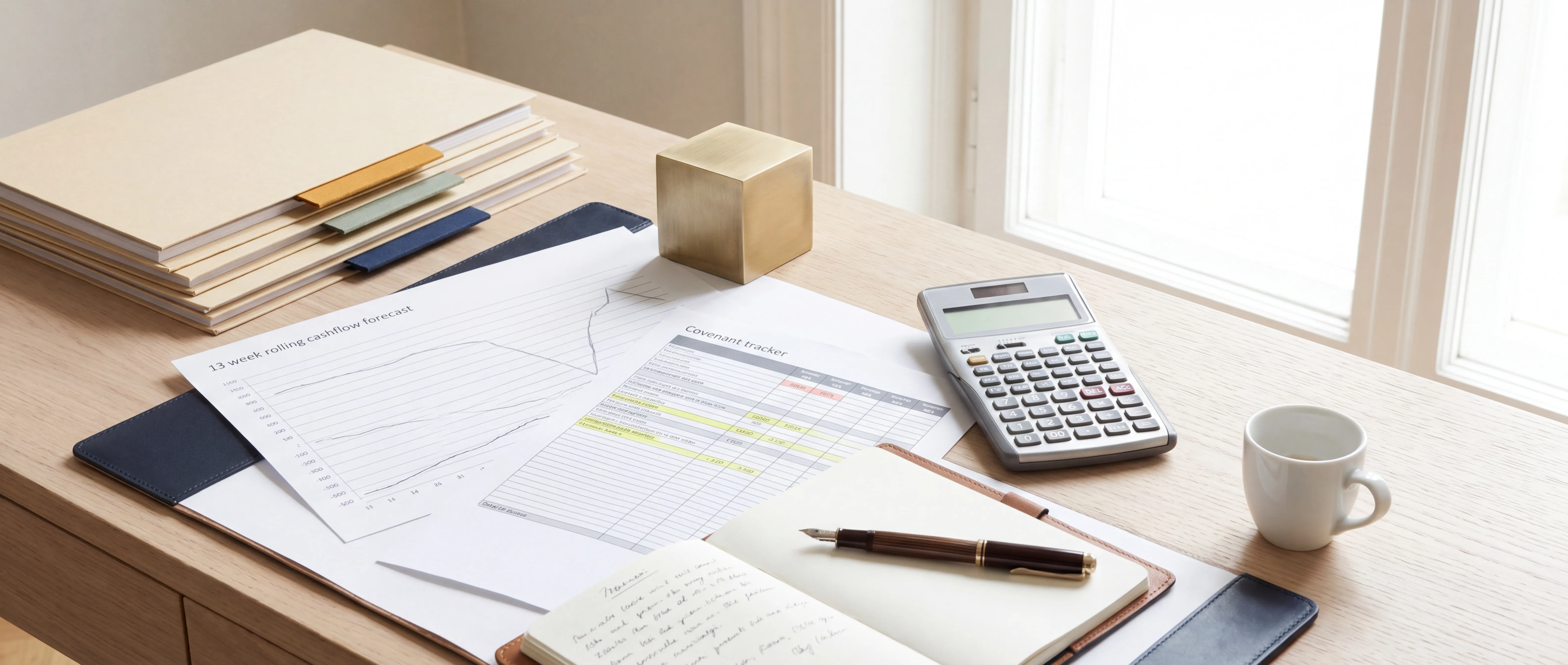 Restrukturierungs-Arbeitsplatz — Cashflow-Modelle, Covenant-Tracker und Lederportfolio im hellen Tageslicht