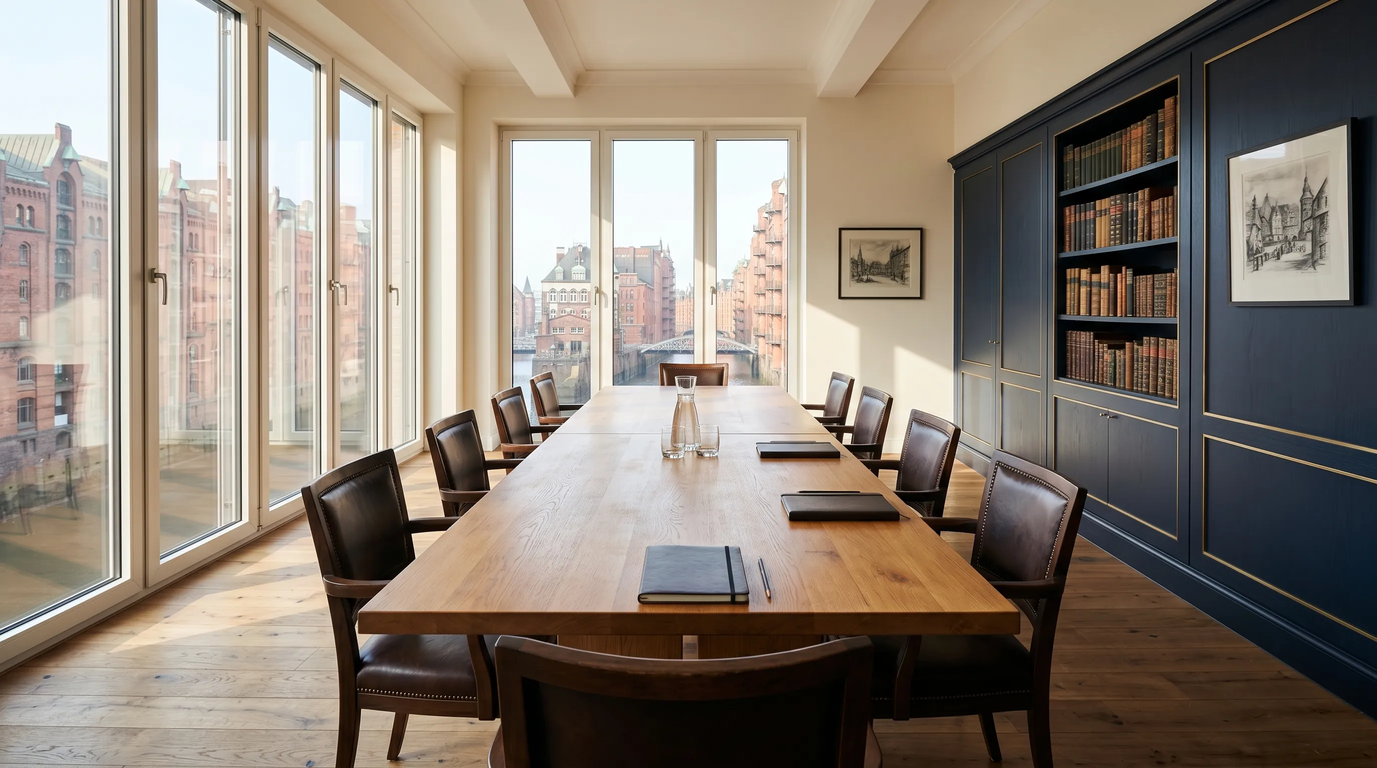 Heller hanseatischer Besprechungsraum mit langer Eichentisch-Tafel und Tageslicht aus bodentiefen Fenstern