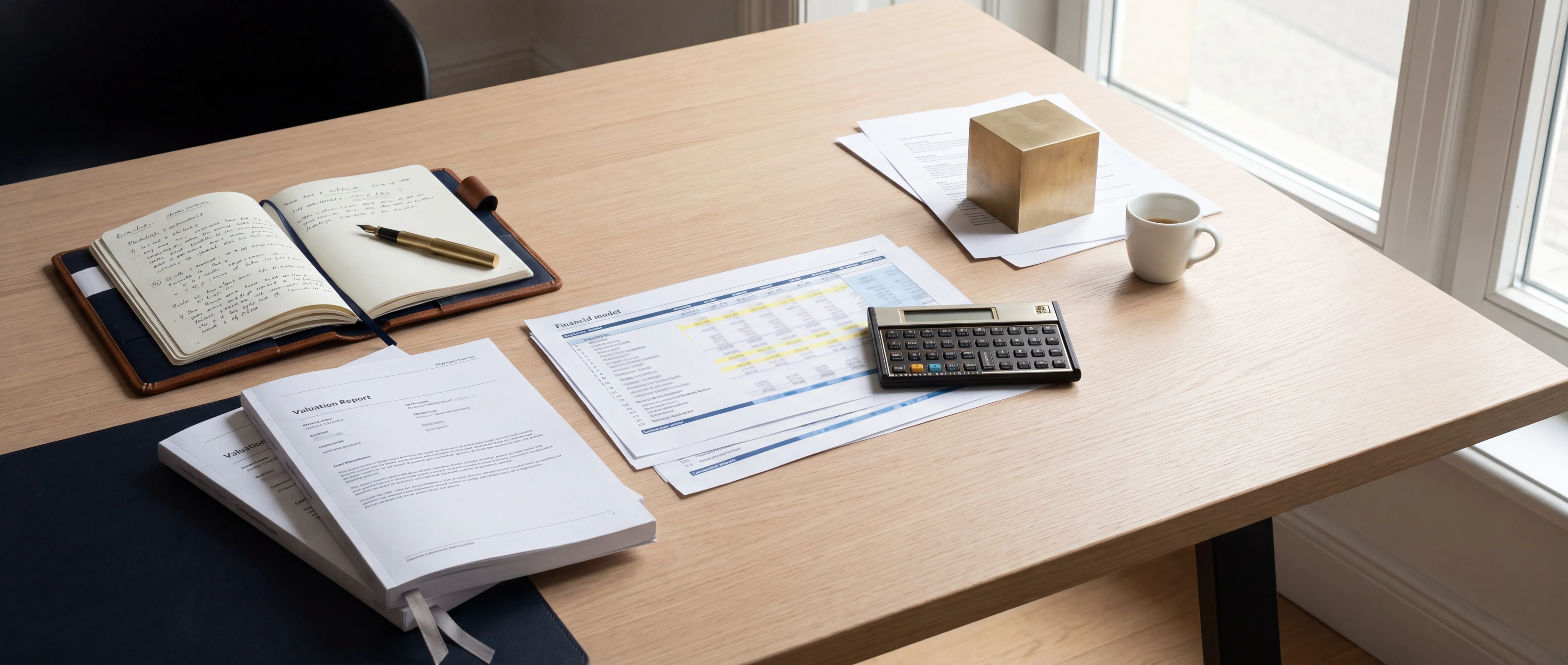 Präziser Bewertungs-Arbeitsplatz — Finanzmodell, präzisionsfähiger Rechner, Lederportfolio im hellen Tageslicht