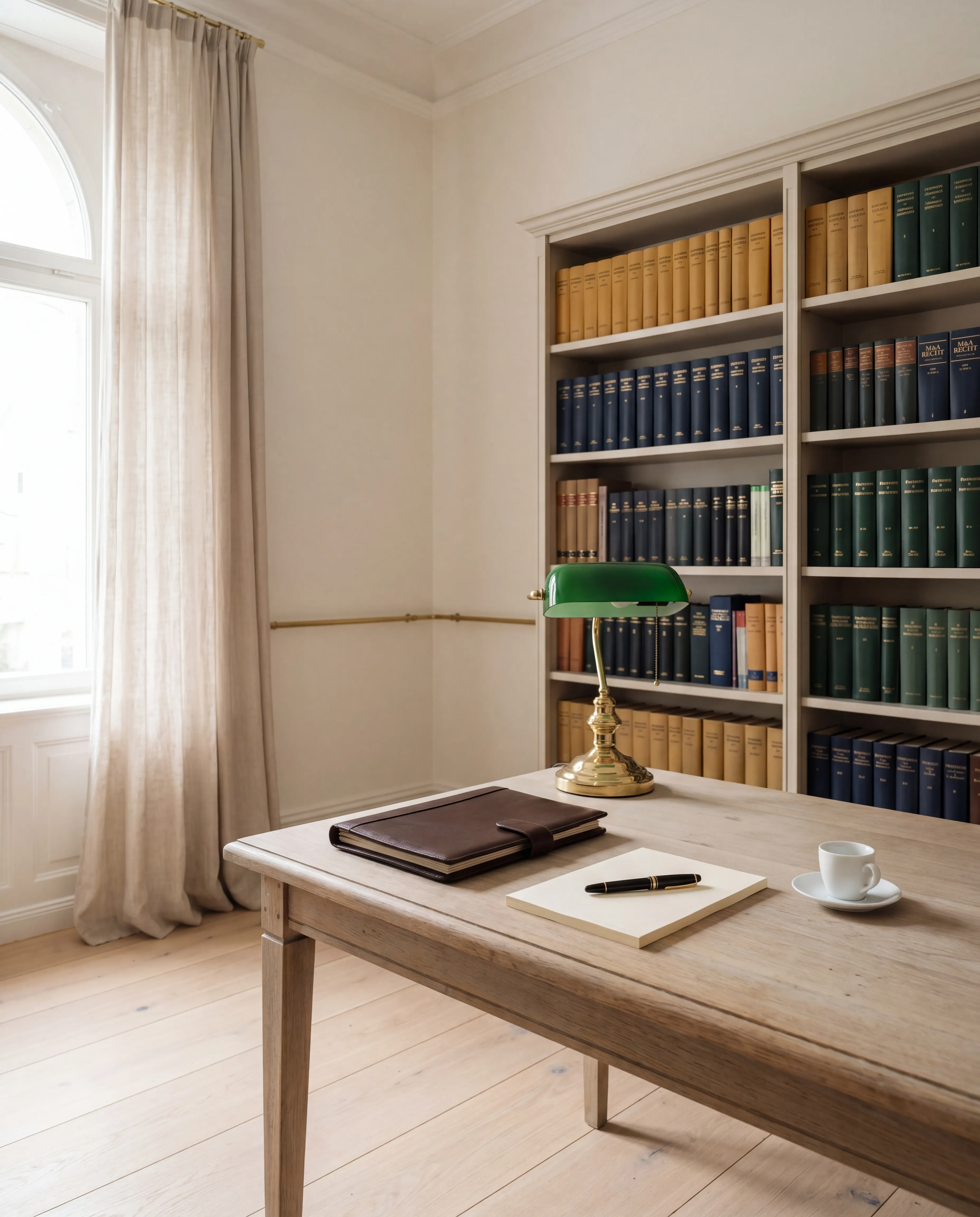 Helles hanseatisches Büro einer Hamburger M&A-Boutique — Eichentisch, Lederportfolio, Bücherregal im Tageslicht
