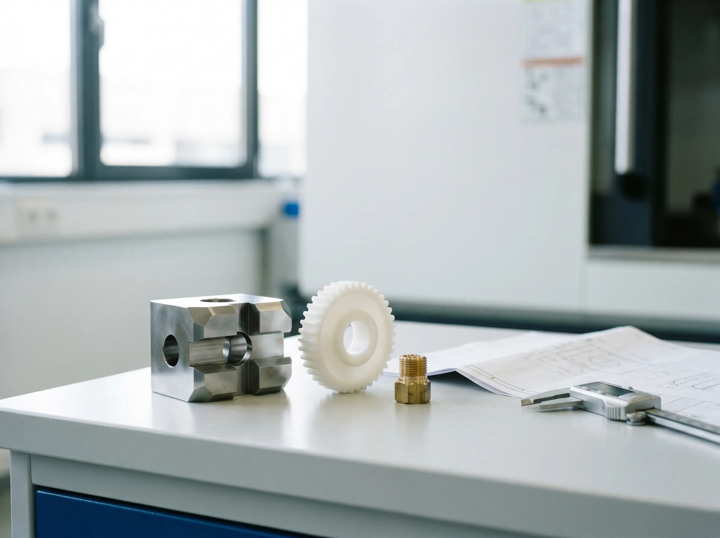 Editorial Stillleben — CNC-gefertigtes Stahlbauteil, Kunststoffkomponente und Messinghalter auf heller Produktionsfläche, Symbol für industrielle Produktions-Mandate bei Eichenbach