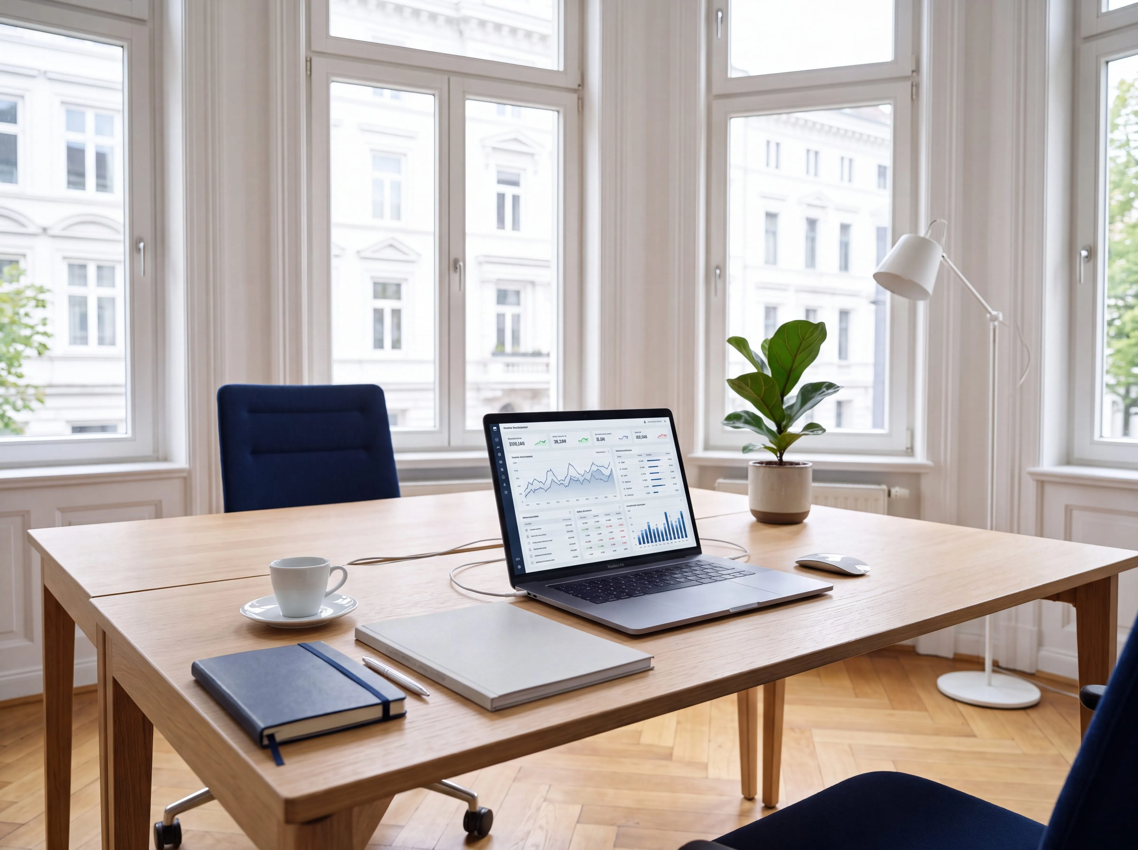 Moderner CFO-Arbeitsplatz im hellen Hamburger Altbau-Büro — Laptop mit Finanz-Dashboard, Bericht und Notizbuch auf Eichenschreibtisch im Tageslicht