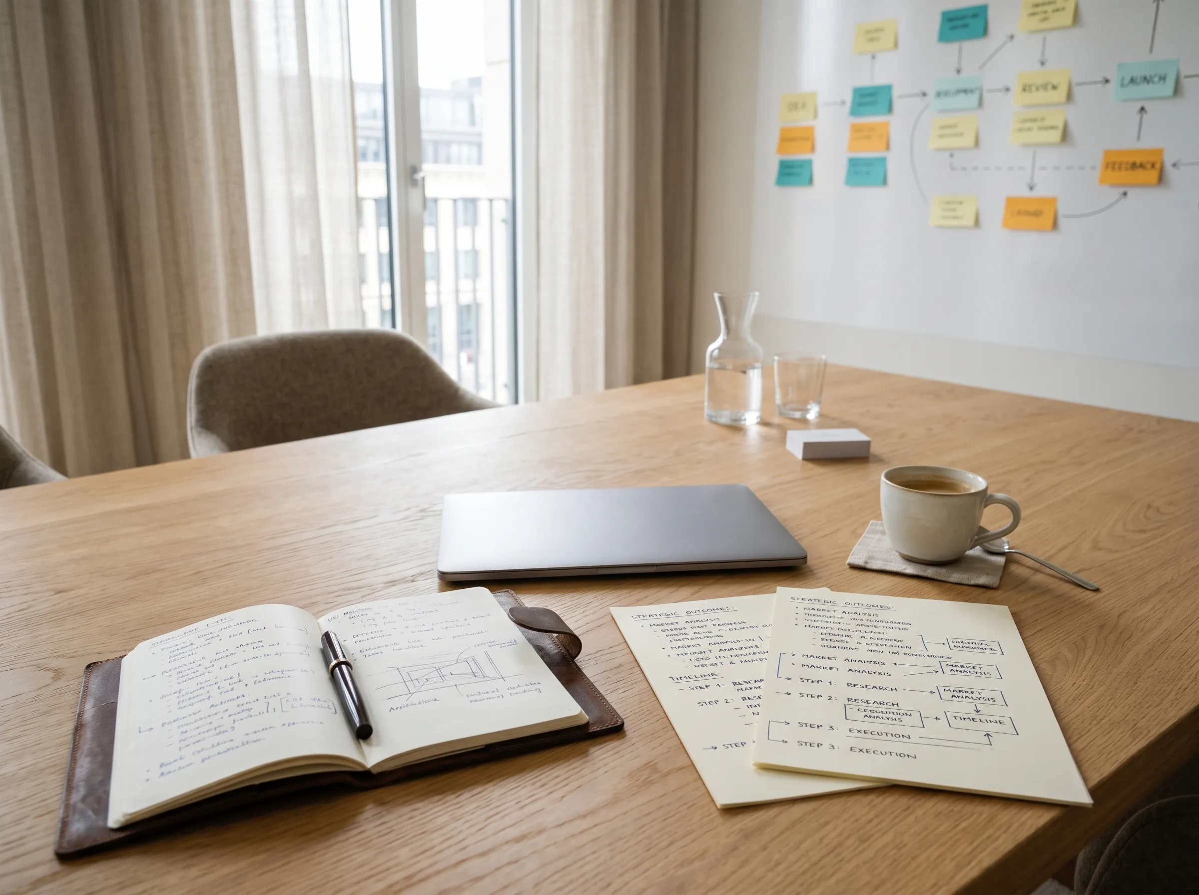 Heller Eichenbach-Besprechungsraum — Notizbuch mit handschriftlichen Skizzen, geschlossener Laptop, Kaffeetasse und Sticky-Notes-Wand im Tageslicht