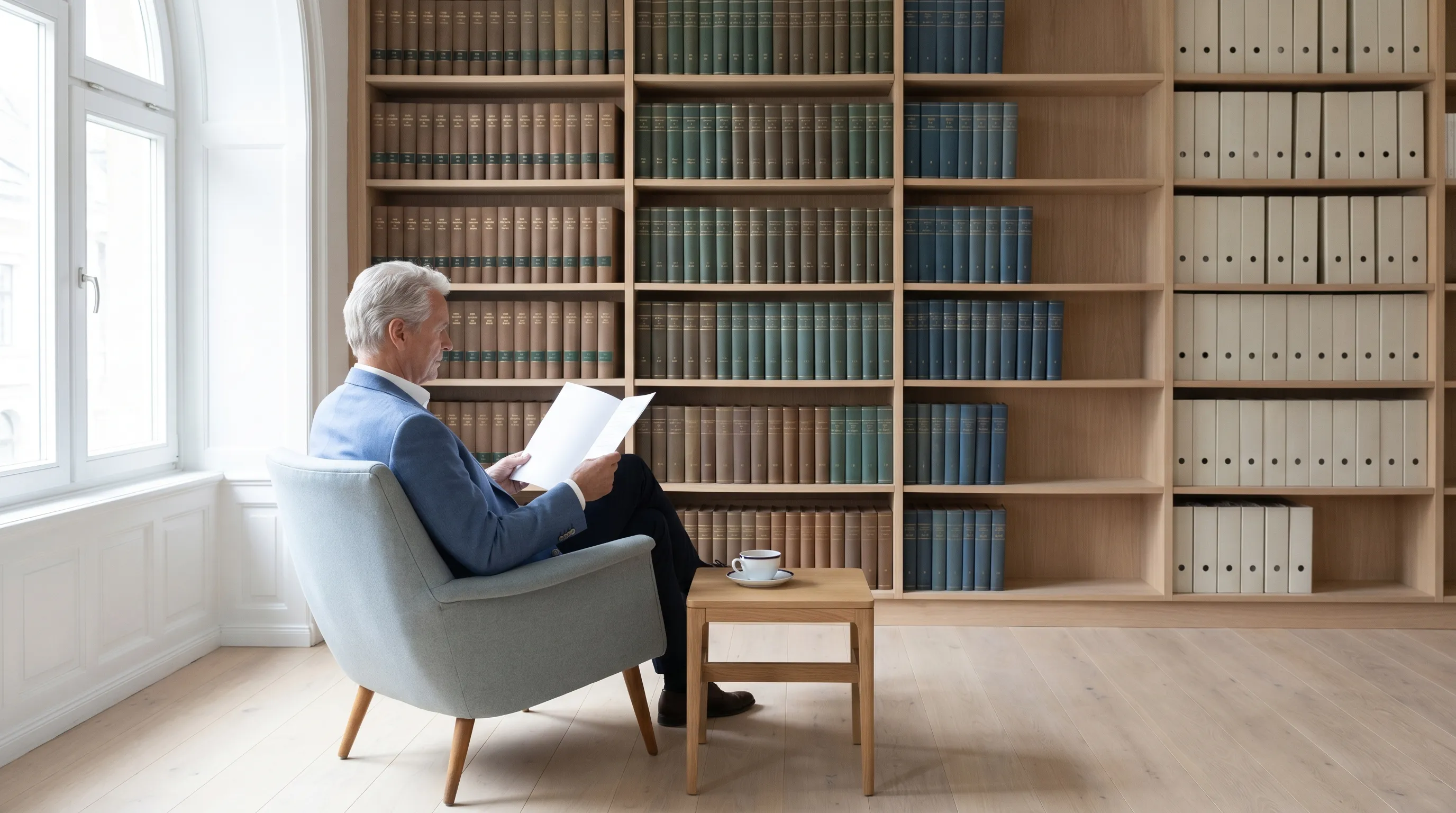 Helle Eichenholz-Bibliothek einer Hamburger M&A-Boutique mit Tageslicht — Symbol für substanzielle Beratung