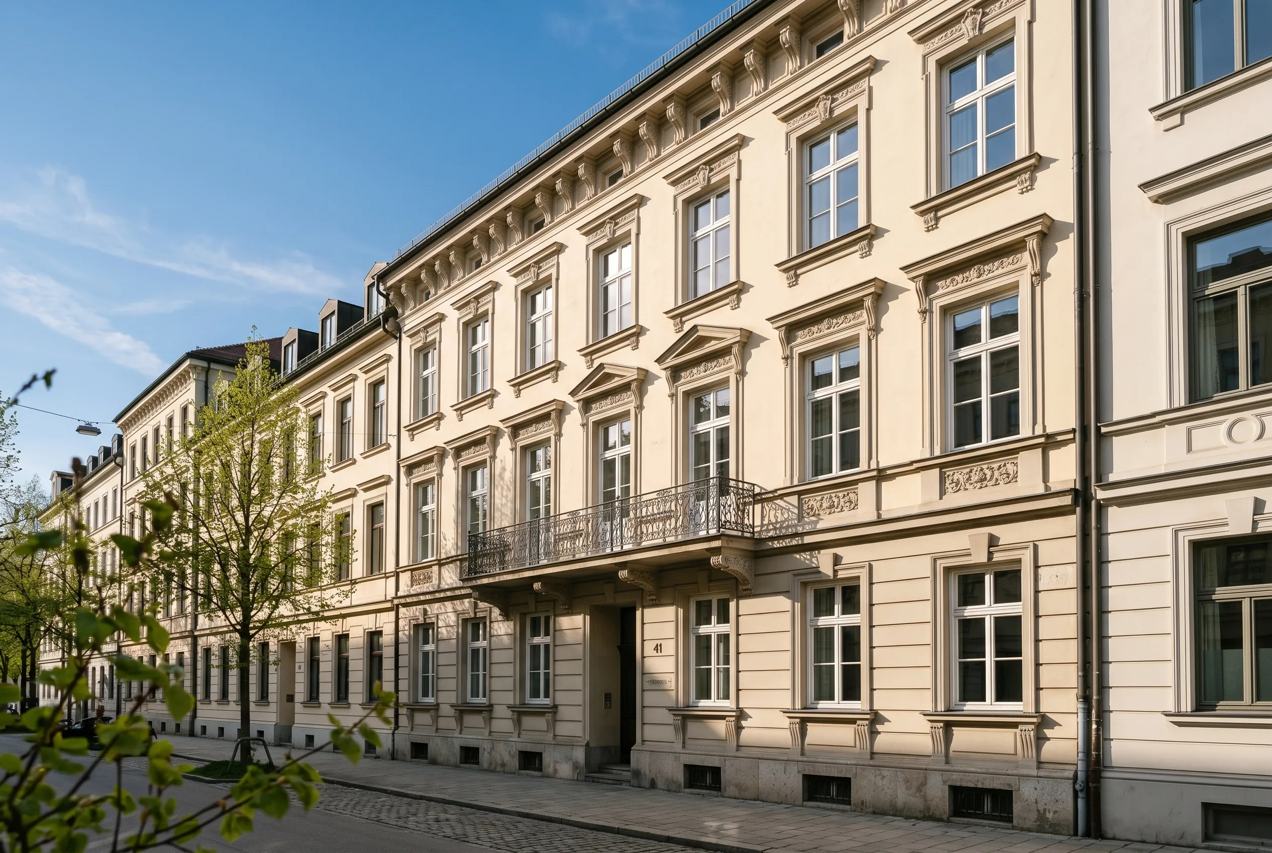 Helle Gründerzeit-Fassade in der Münchner Maxvorstadt bei Tageslicht — symbolisch für die Eichenbach-Repräsentanz München