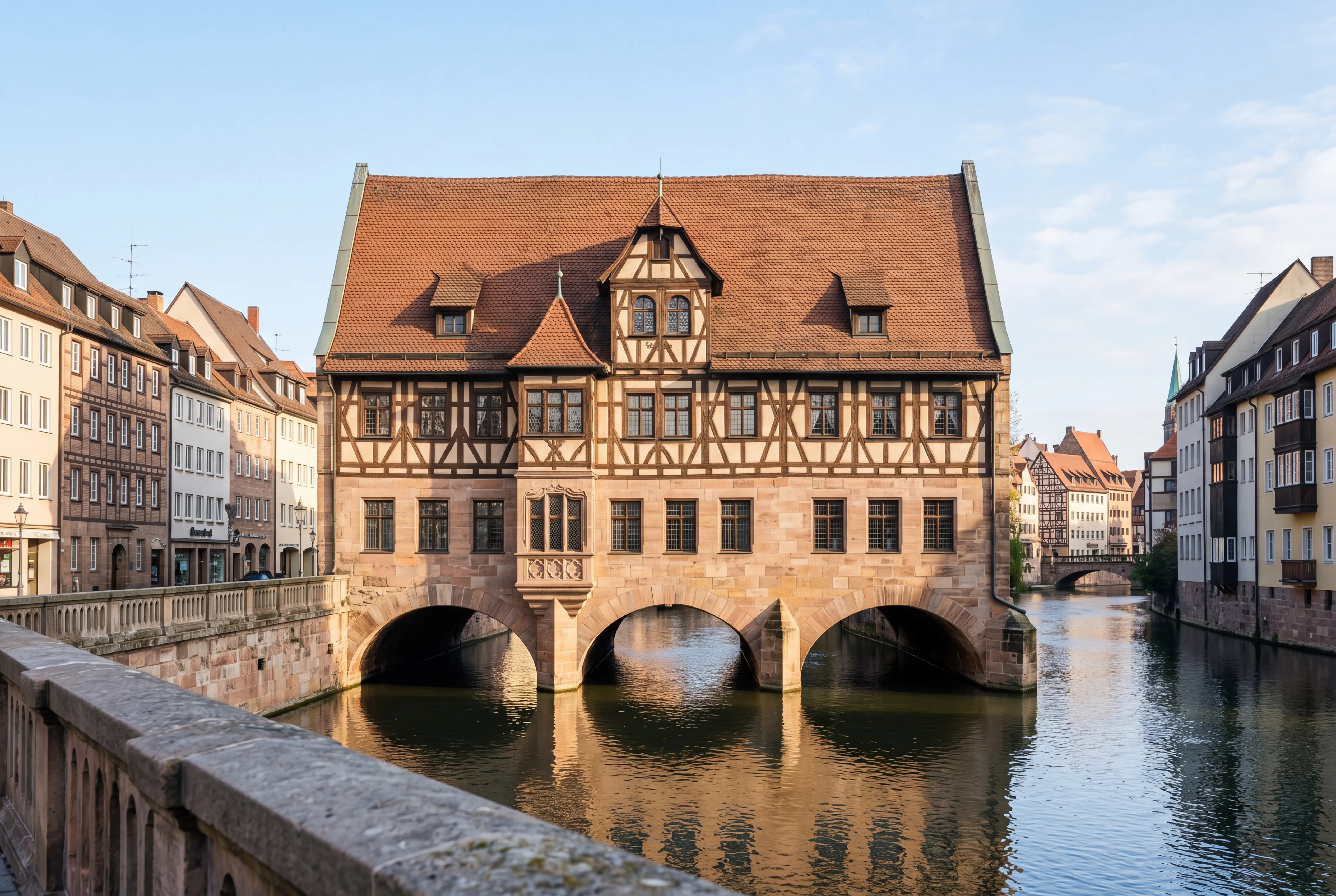 Heilig-Geist-Spital über der Pegnitz in Nürnberg — Fachwerk auf Steinbögen, helles Tageslicht
