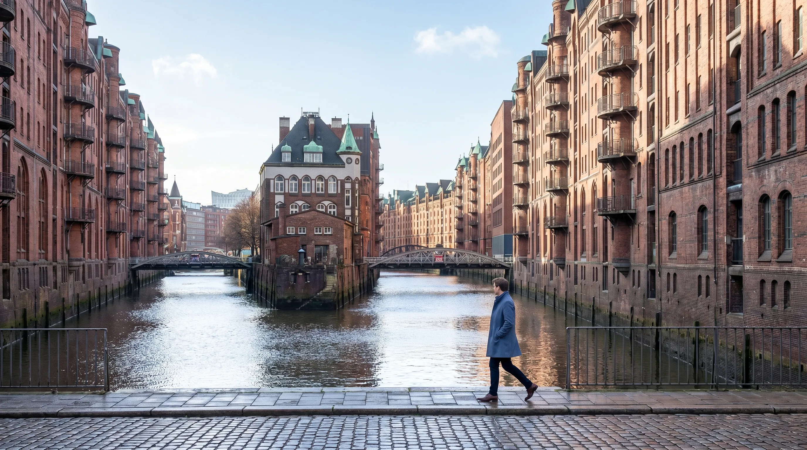 Hamburger Speicherstadt — Backsteinarchitektur am Wasser im Tageslicht, Symbol für hanseatische Beständigkeit