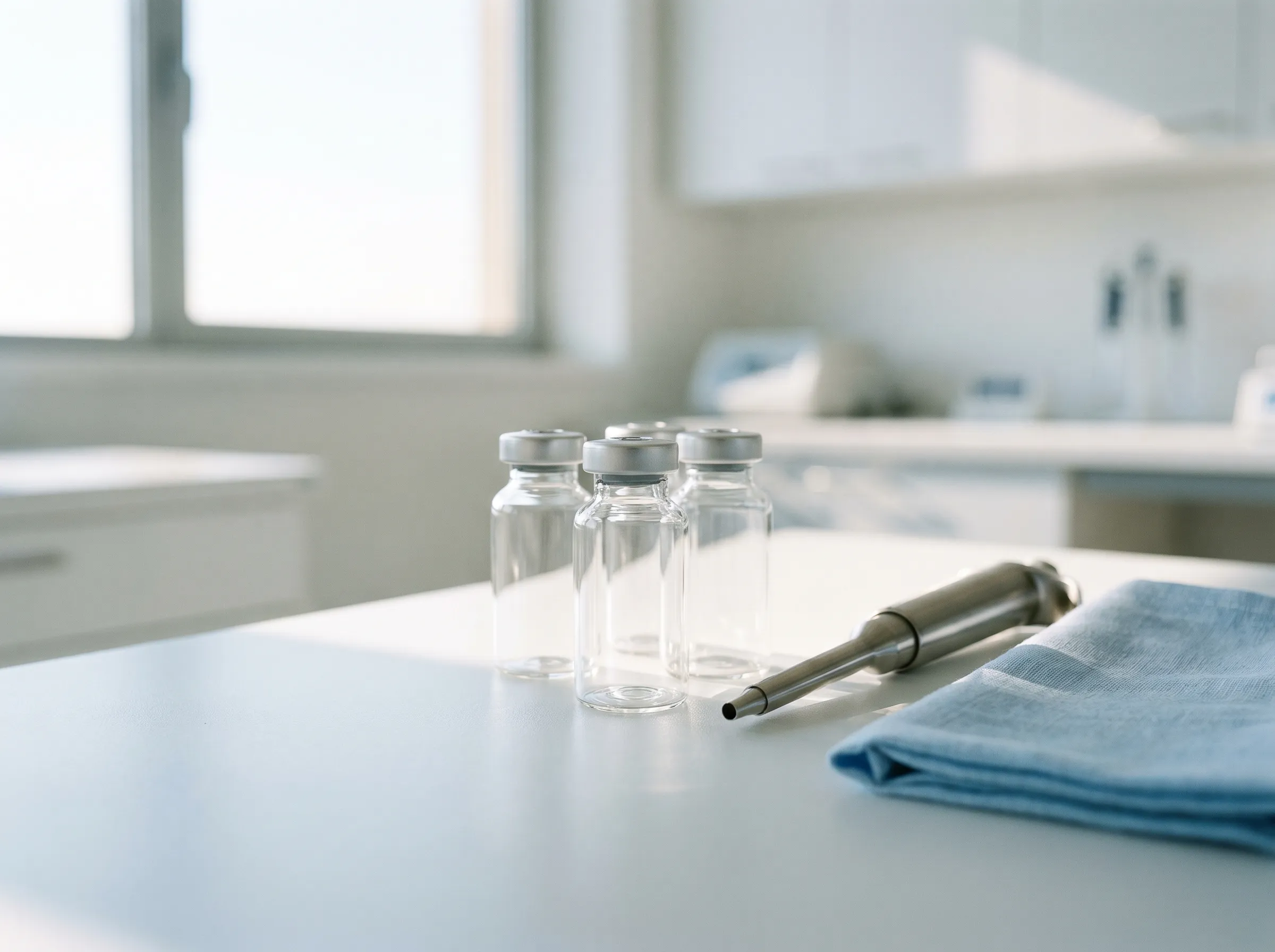 Klare Glasvials und Pipette auf weißer Laborbank im Tageslicht — symbolisch für ein Healthcare-Mandat