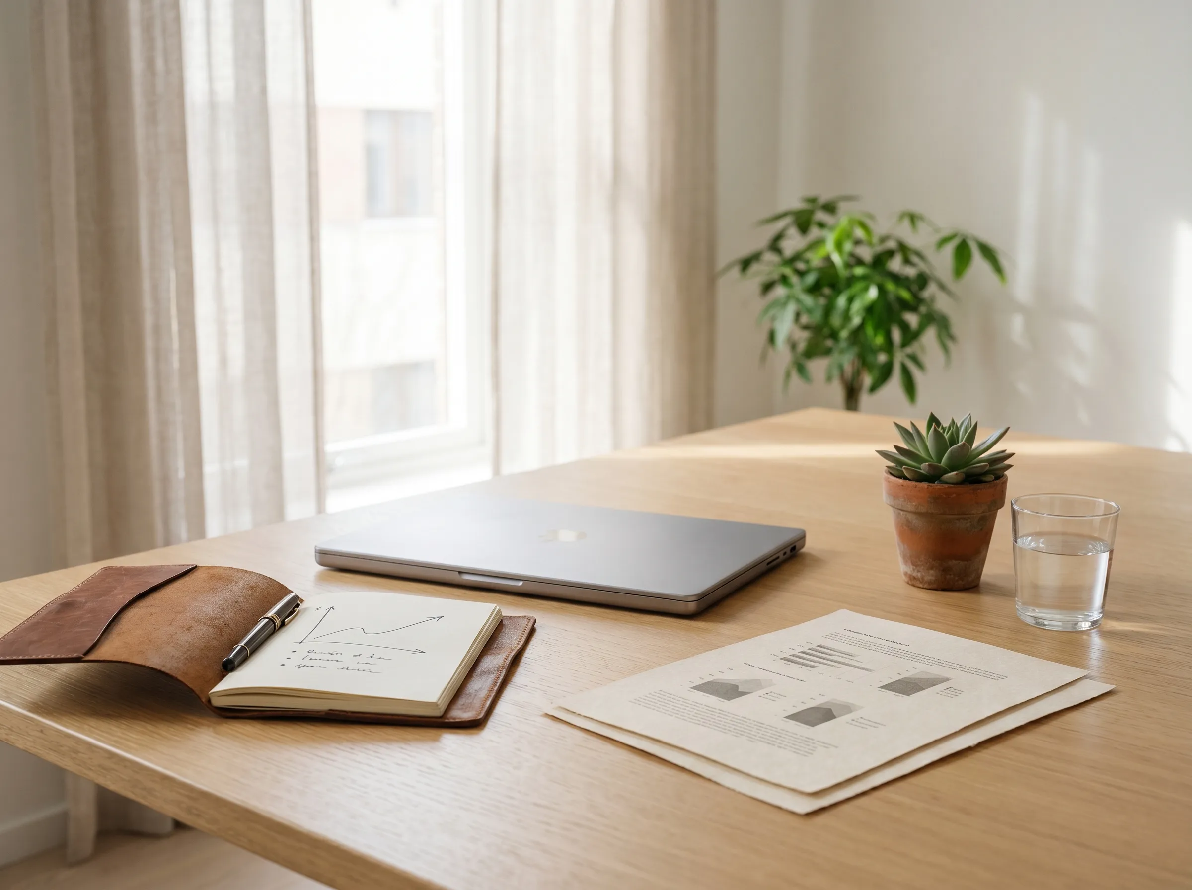 Heller Arbeitsplatz mit Laptop, Notizbuch mit Wachstumskurve und Pitch-Unterlagen im Tageslicht