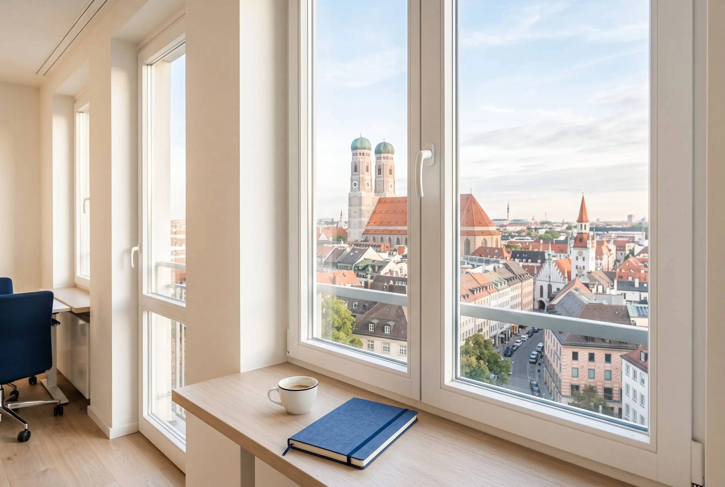 Blick aus hellem Büro auf die Münchner Altstadt mit Frauenkirche im Tageslicht