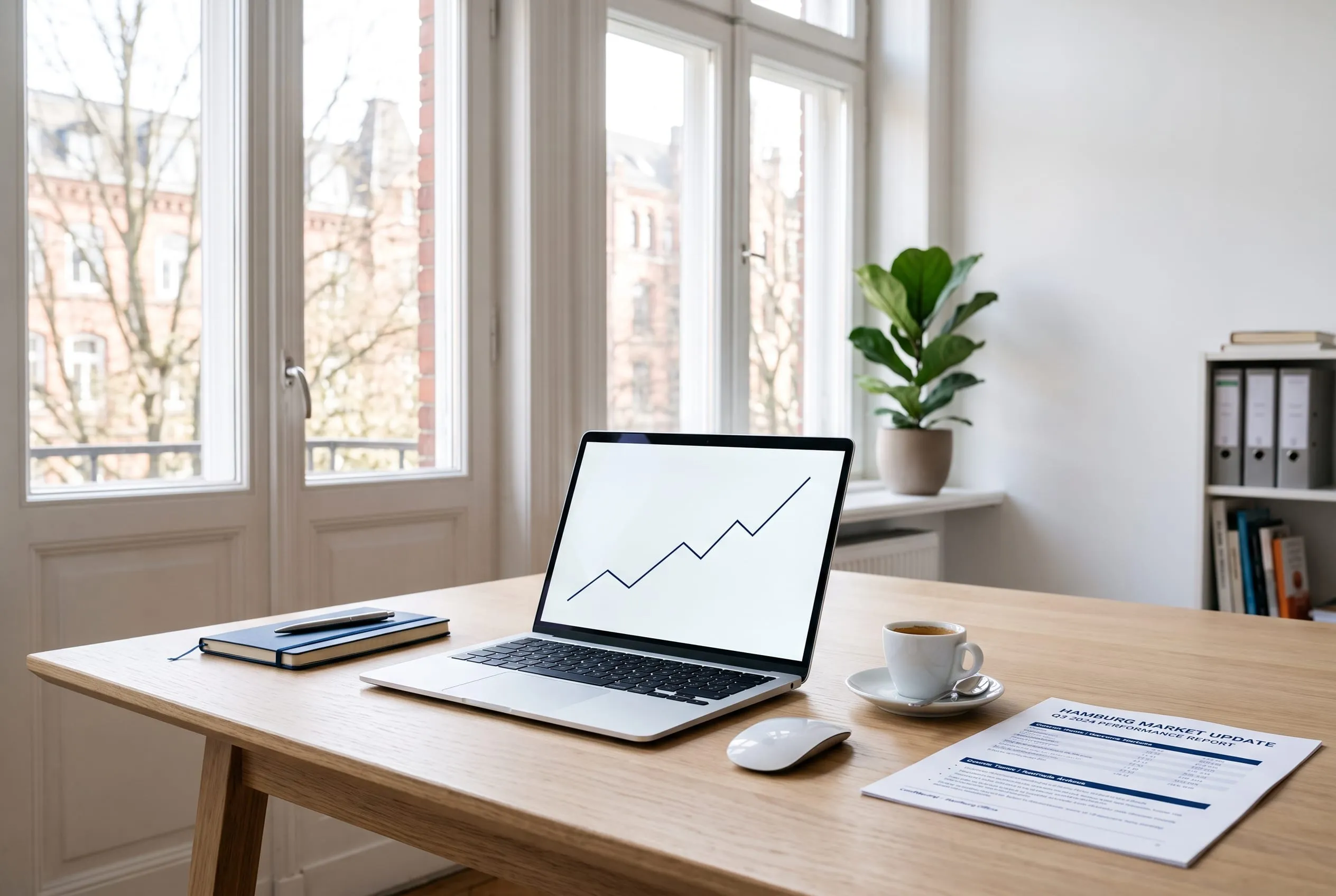 Laptop mit Preisdiagramm und Kaffee in hellem Hamburger Altbau-Büro
