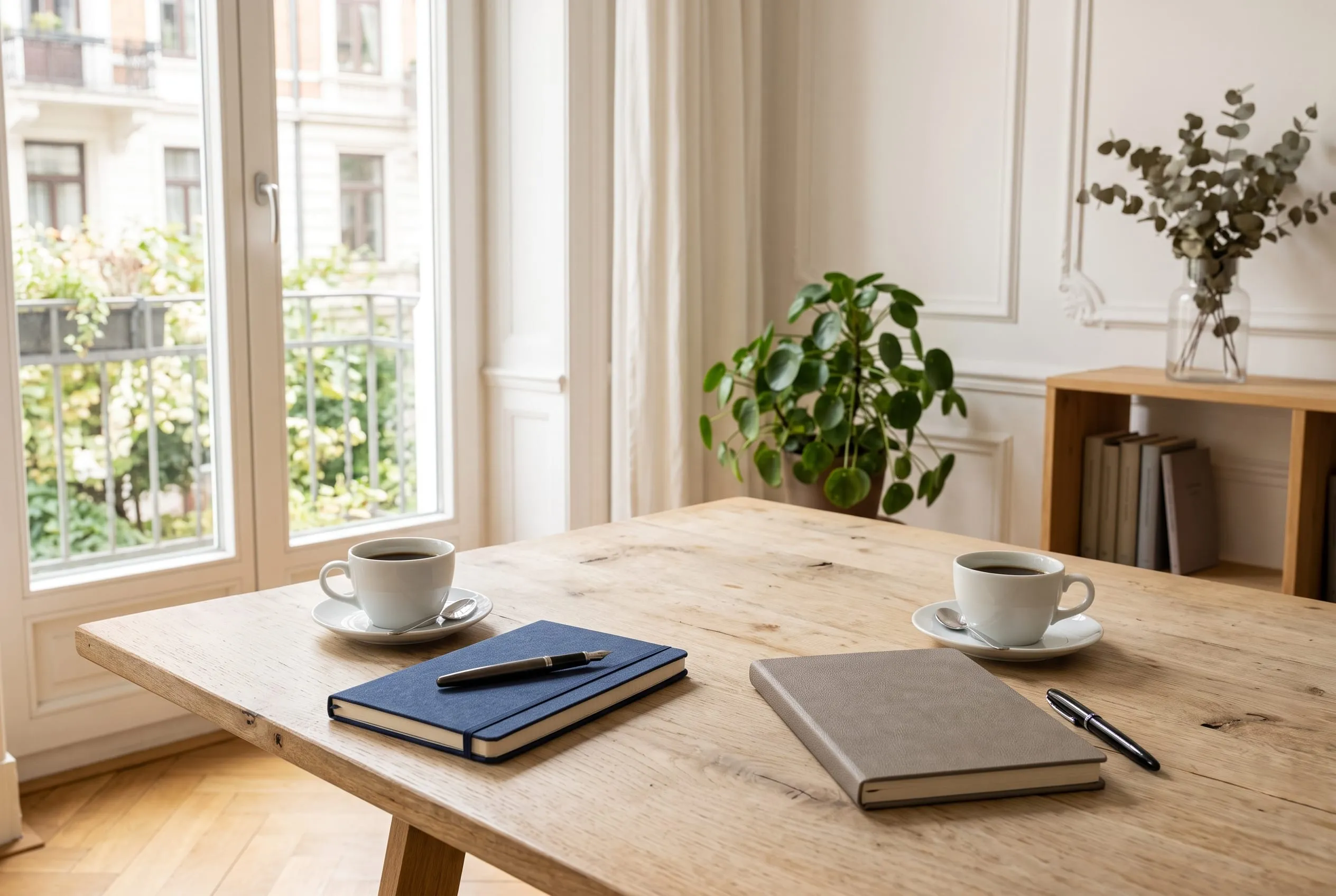 Zwei Kaffeetassen und Notizblöcke einander gegenüber am hellen Tisch im Fensterlicht