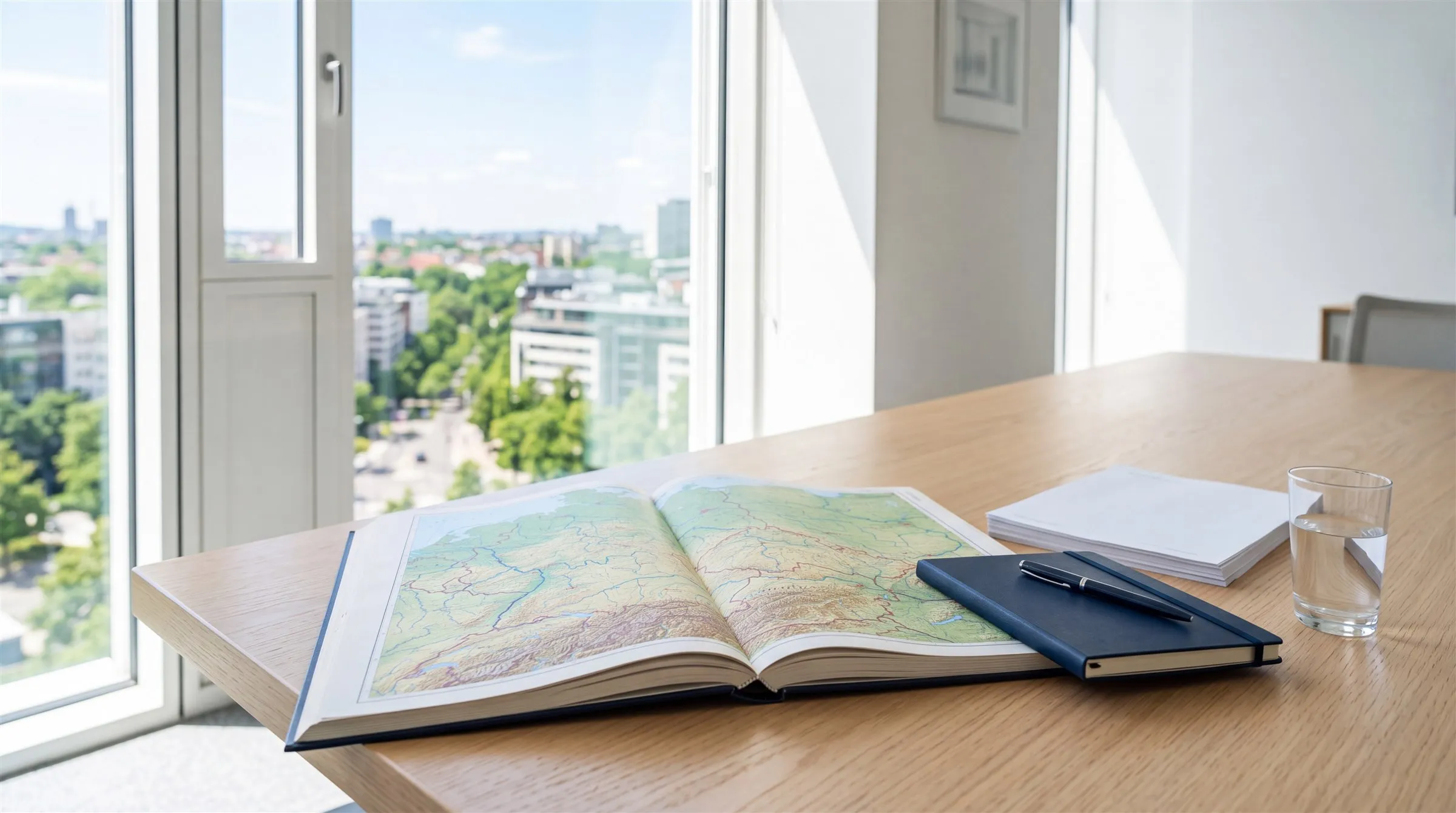 Aufgeschlagener Atlas mit Landkarte Mitteleuropas, Notizbuch und Unterlagen auf hellem Eichentisch im Tageslicht