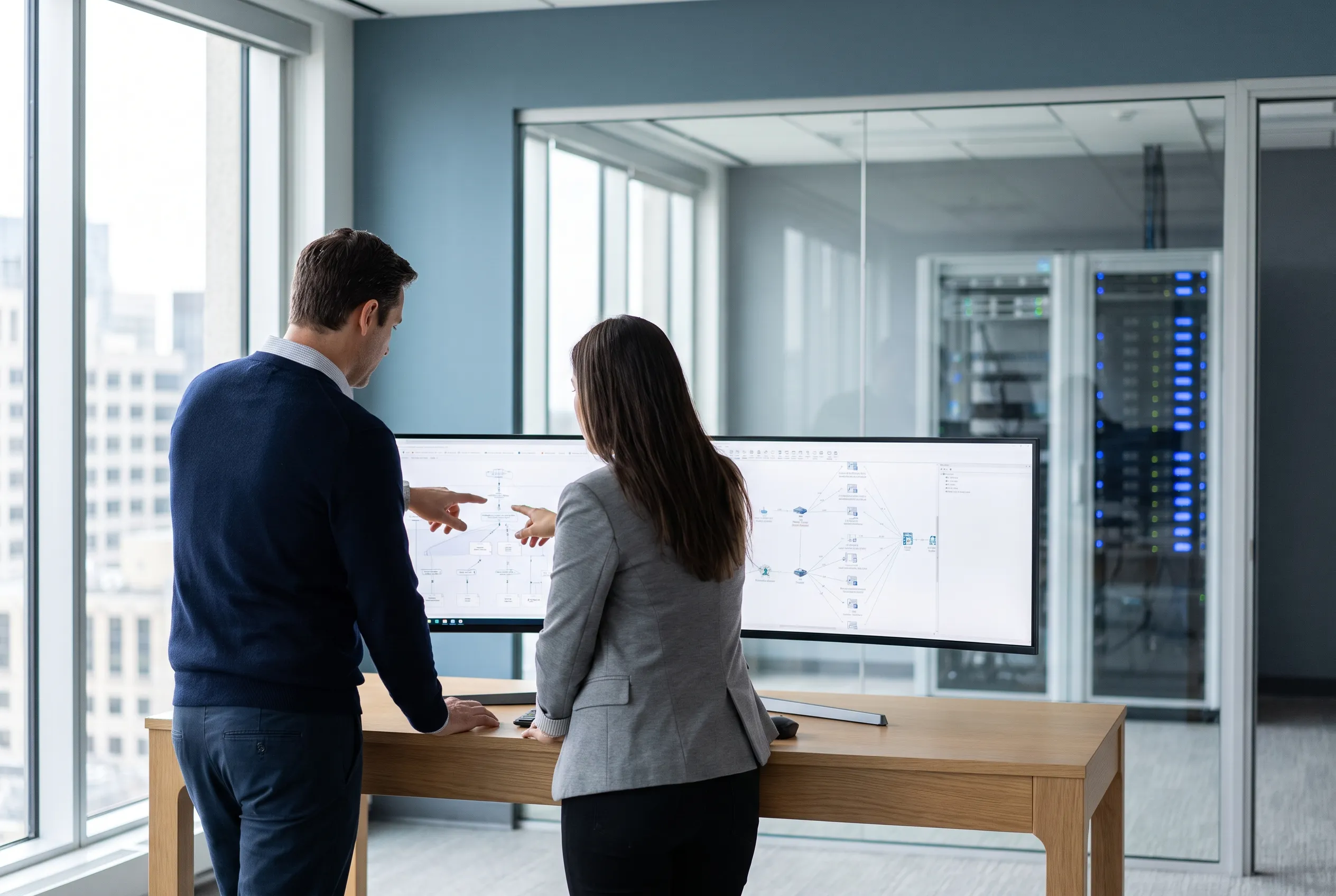IT-Fachleute besprechen Infrastrukturplanung vor einem Serverraum hinter Glas