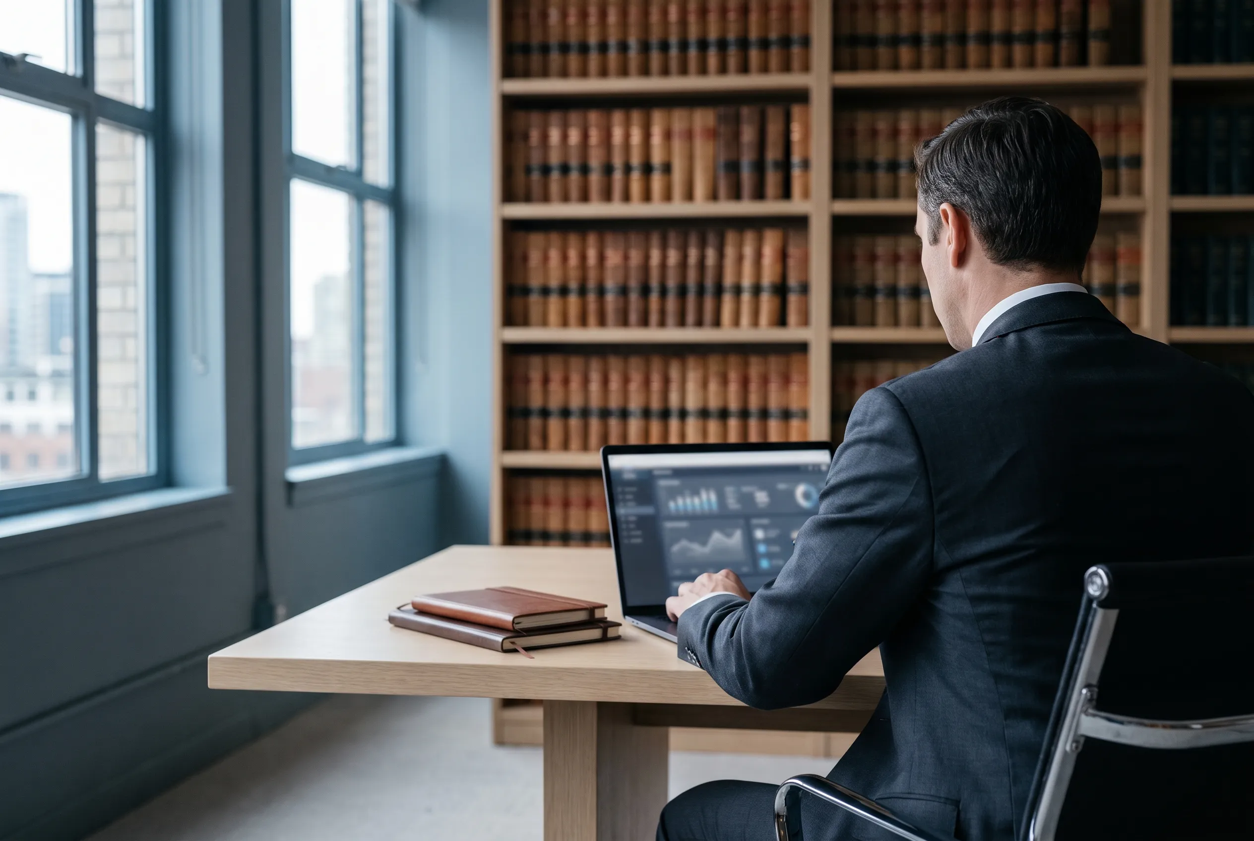 Juristischer Arbeitsplatz mit digitaler Dokumentenanalyse vor Regalen mit Gesetzeskommentaren