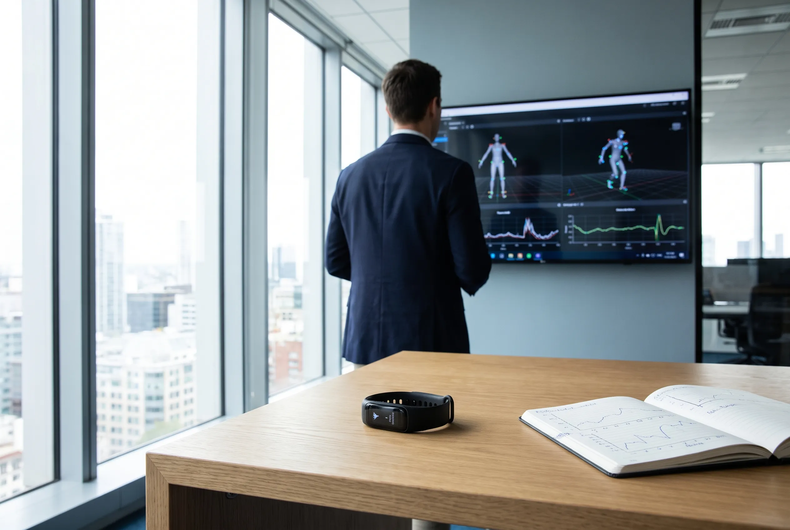 Analyse von Leistungsdaten auf einem Wandbildschirm — Sport-Wearable in modernem Büro