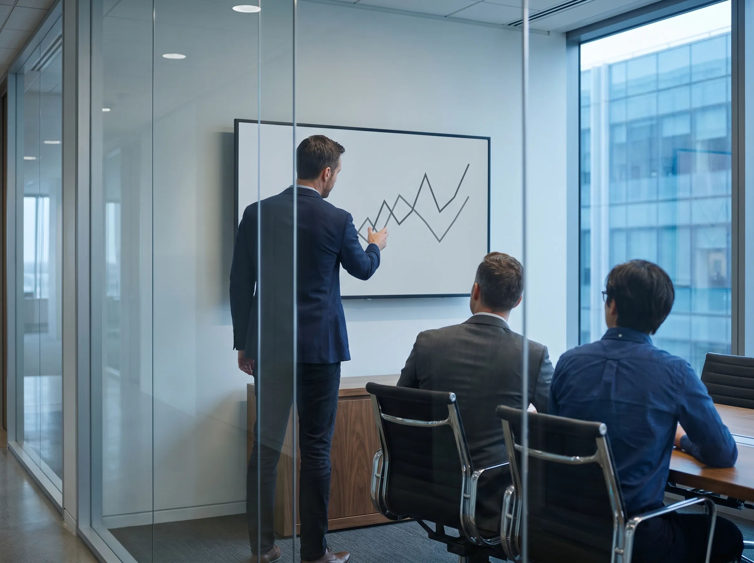 Drei Professionals in einem Glas-Besprechungsraum vor einem abstrakten Liniendiagramm