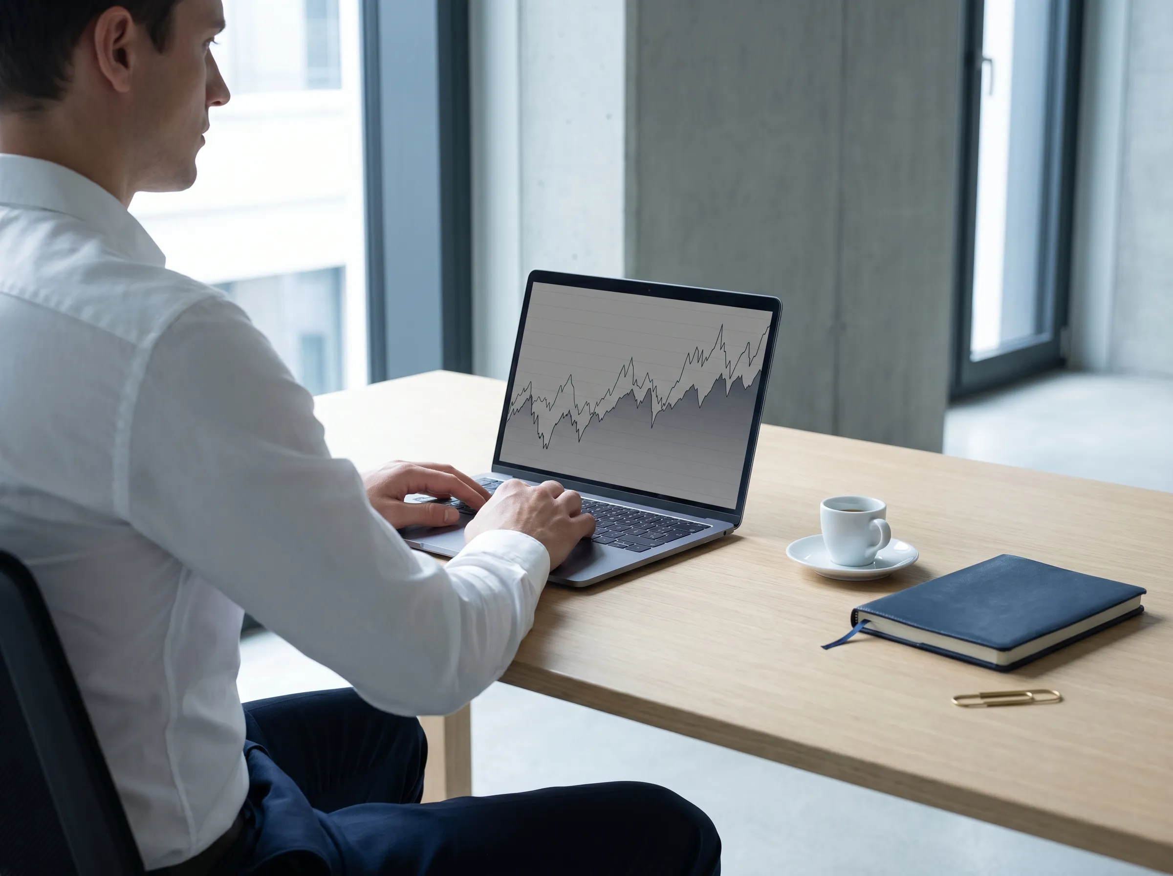 Konzentrierter Interim-CFO am Schreibtisch mit Laptop und abstraktem Chart