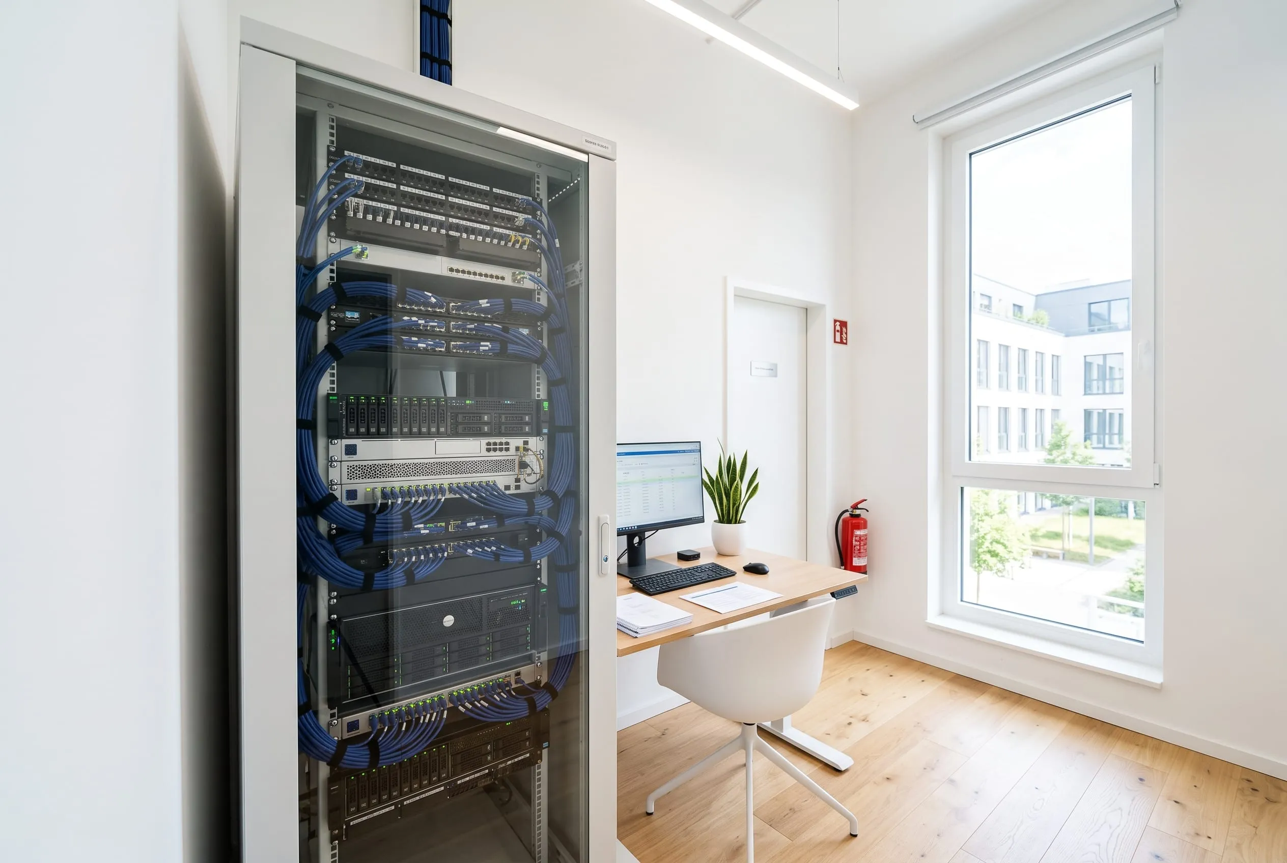 Aufgeräumter, heller Serverraum eines Systemhauses mit Tageslicht