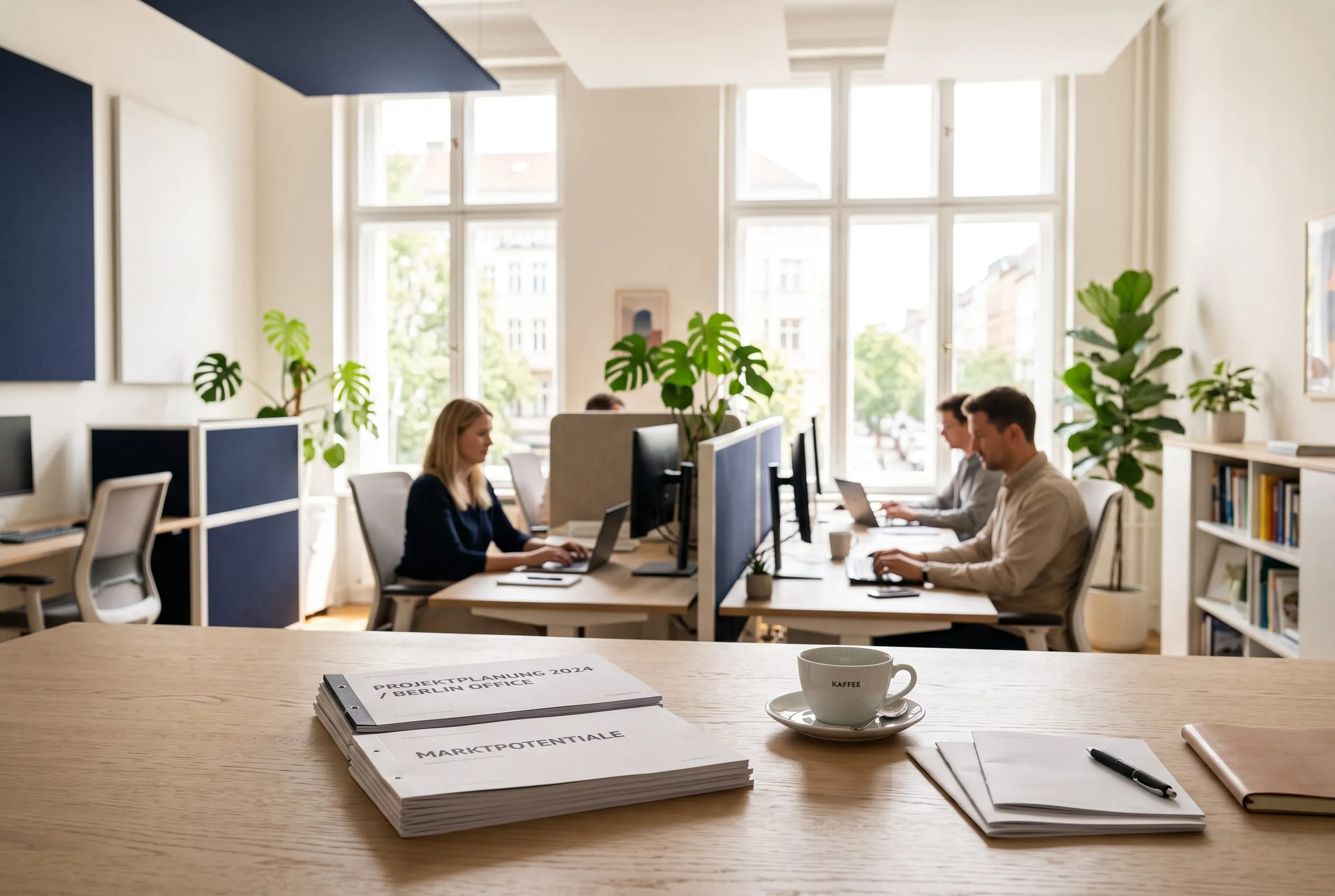 Helles modernes Büro mit Team im Hintergrund, Vordergrund Eichentisch mit Unterlagen